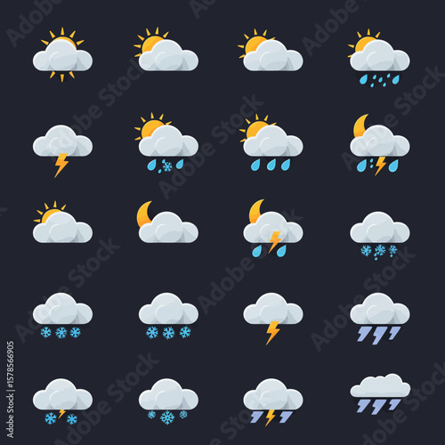 A comprehensive collection of flat design weather forecast icons depicting various atmospheric conditions like sun, clouds, rain, snow, and lightning.