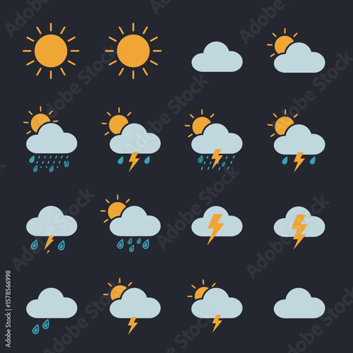 A comprehensive collection of flat design weather icons representing various atmospheric conditions like sun, clouds, rain, and lightning on a dark background.