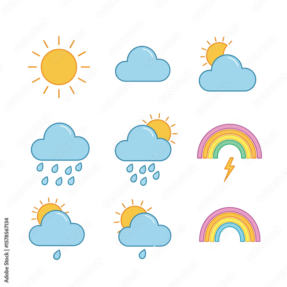 Fototapeta premium Collection of cute weather icons: sun, clouds, rain, rainbows, and lightning, perfect for children's illustrations, websites, and apps, offering a cheerful and colorful design.