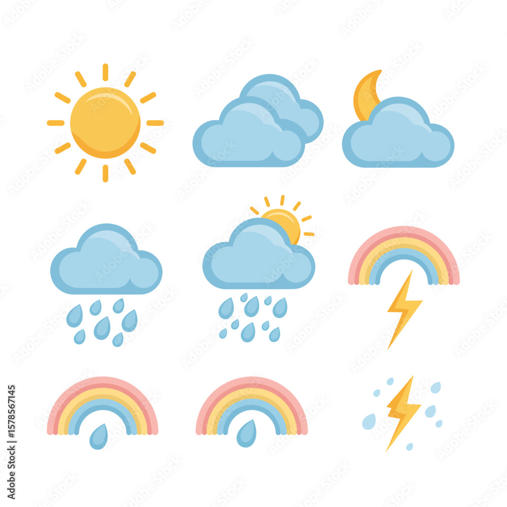 Fototapeta premium A collection of colorful weather icons depicting sunny, cloudy, rainy, and rainbow conditions, perfect for educational resources and weather-related design projects.