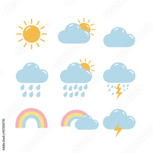 A delightful collection of cute cartoon weather icons featuring sun, clouds, rain, lightning, and colorful rainbows on a clean white background.