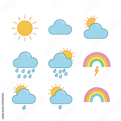 Collection of cute weather icons: sun, clouds, rain, rainbows, and lightning, perfect for children's illustrations, websites, and apps, offering a cheerful and colorful design.