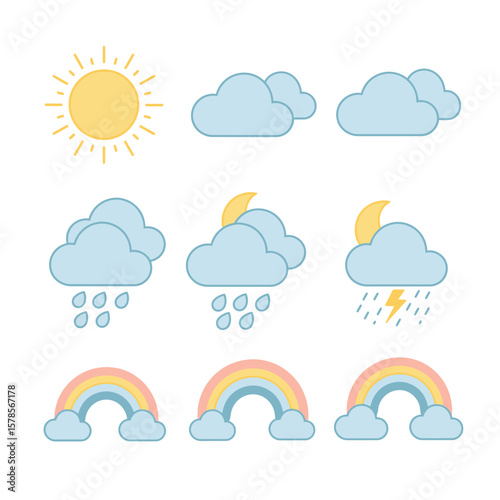 Collection of colorful weather icons including sun, clouds, rain, lightning, and rainbows in a simple, modern flat illustration style.