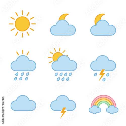 Collection of cute flat weather icons representing sunshine, clouds, rain, lightning, and a rainbow against a white background.