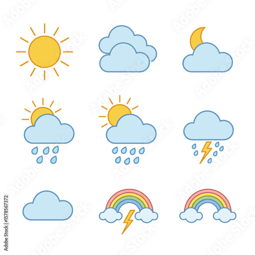 A collection of colorful flat line weather forecast icons depicting various atmospheric conditions like sun, clouds, rain, lightning, and rainbows.