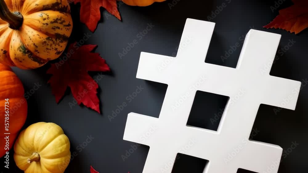 Assortment of autumn pumpkins and red leaves with a white hashtag symbol on a dark background for harvest holiday