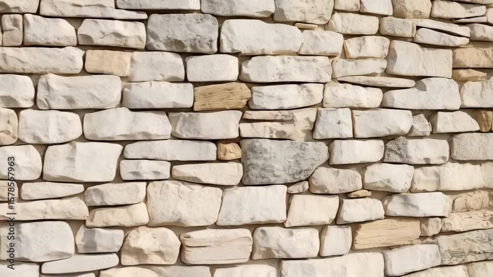 Close-up view of a tan colored stone wall featuring an irregular pattern of varied shaped sandstone bricks, with rough texture.
