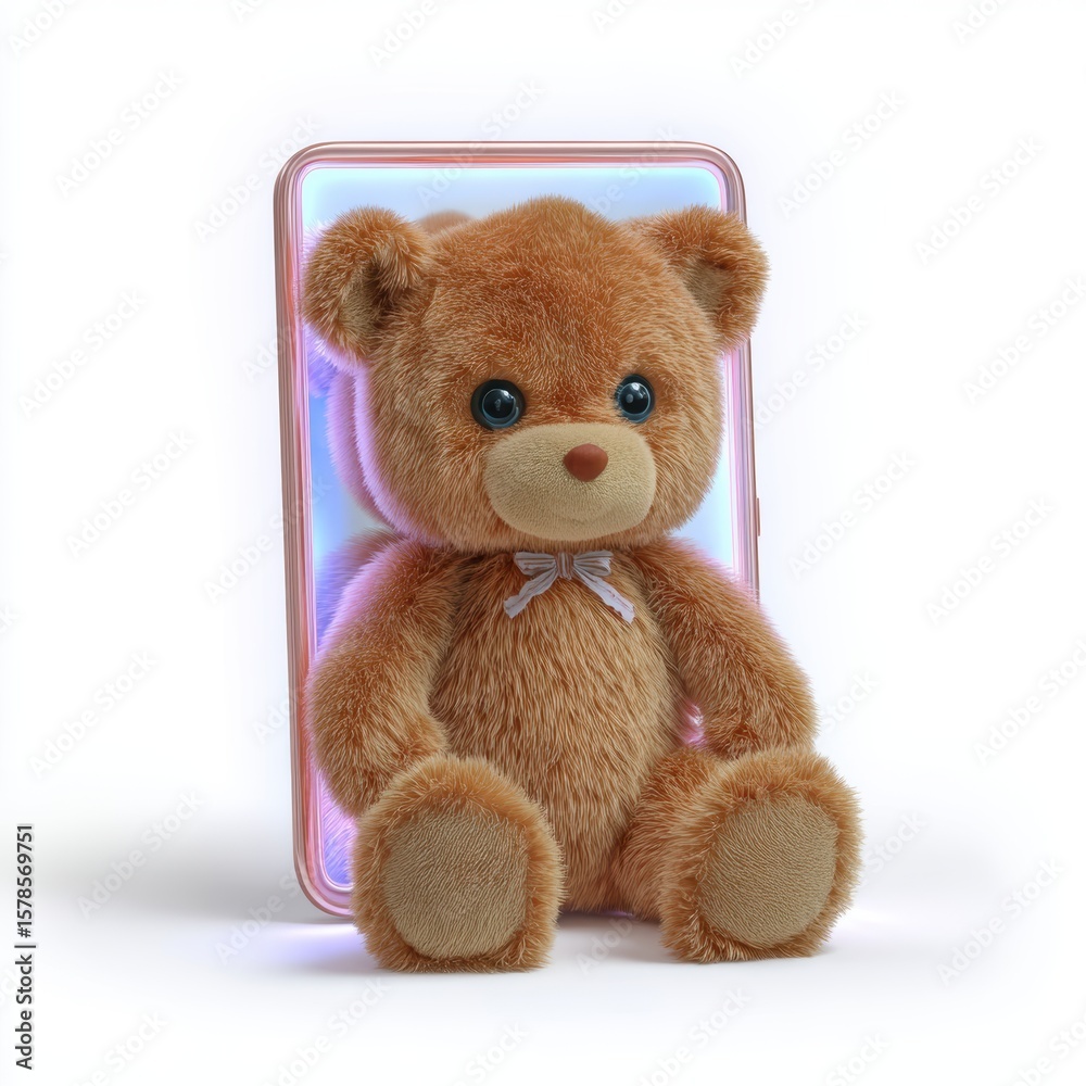 Obraz premium A cute, fluffy teddy bear with a bow tie sits in front of a glowing smartphone with a pastel-colored screen, AI computer devices on a plain background