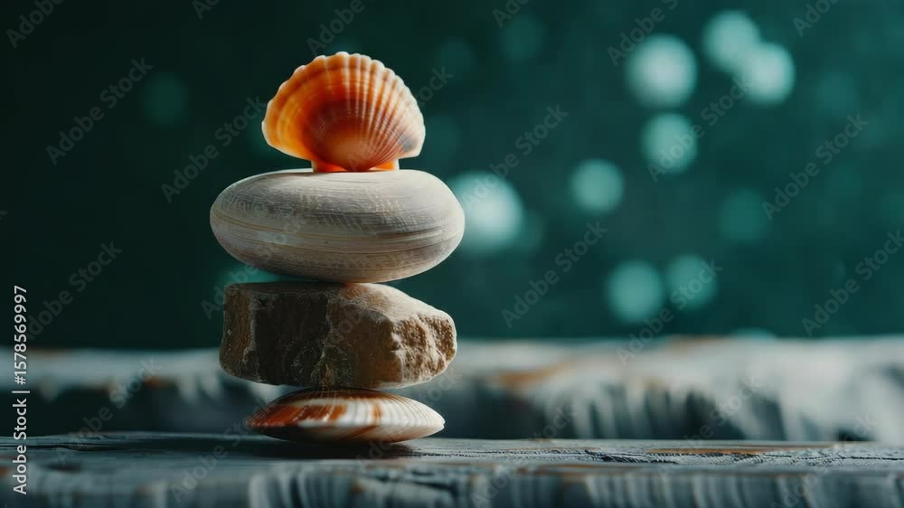 A delicate shell stacked on top of stones, symbolizing tranquility and the beauty found in nature's simple forms.