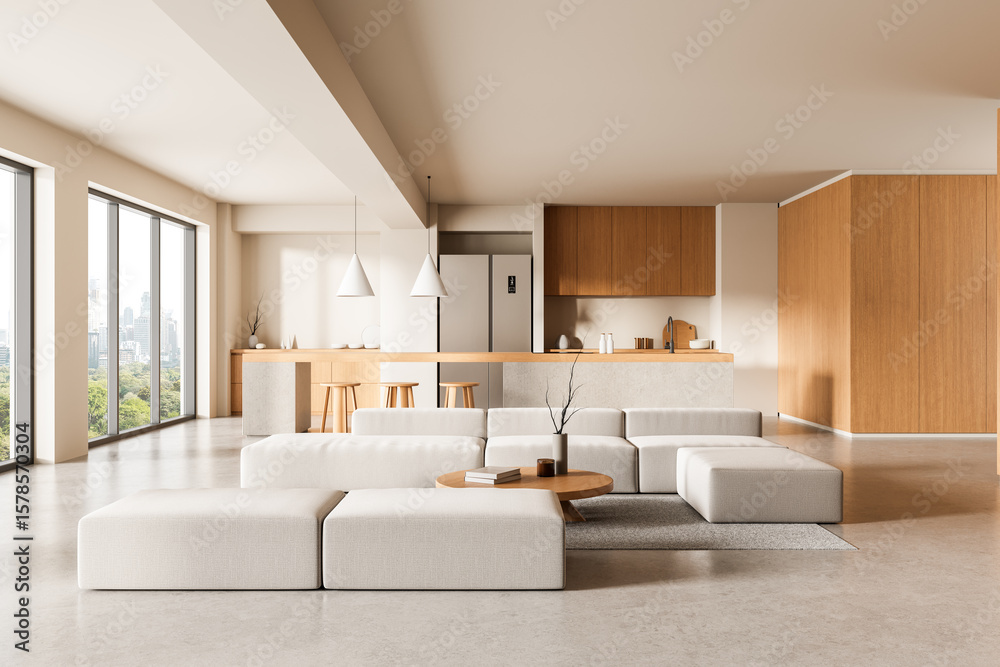 Fototapeta premium Modern minimalist interior design of open space living room and kitchen with natural wood and neutral tones in daylight environment. 3D Rendering