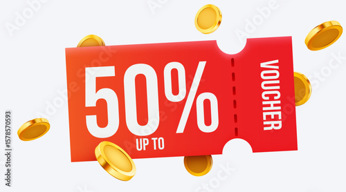 3d coupon with golden coins and present box. Special giveaway with coupons or voucher, percentage off. Gift voucher template. Vector illustration