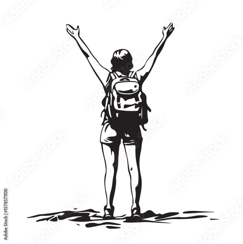 Happy Woman Tourist With Hat And Backpack Standing And Raise Her Hands Up On The Hill Vector.