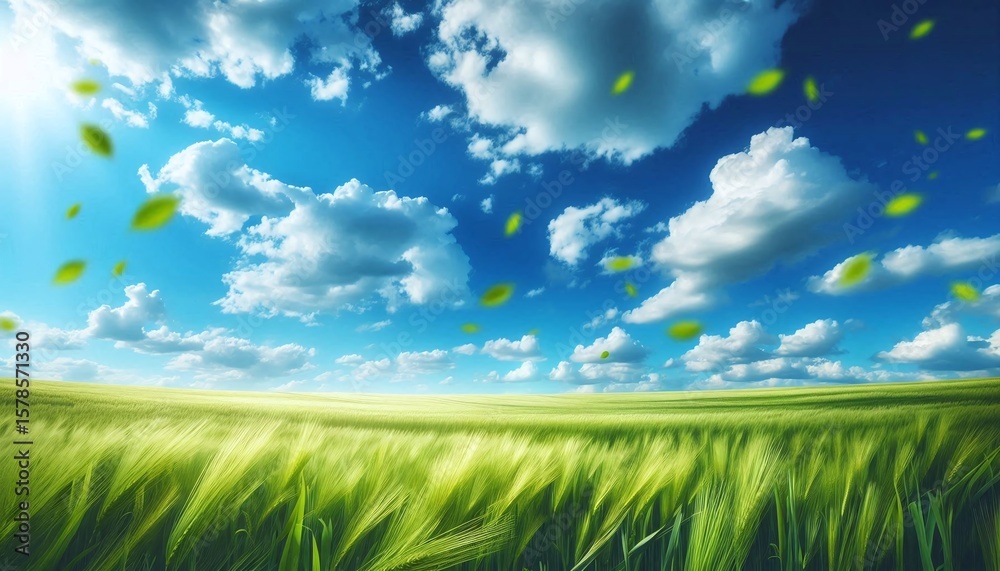Fototapeta premium Expansive Green Grass Field under Bright Blue Sky with Falling Leaves