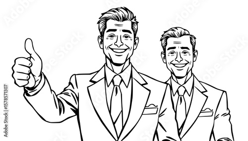 Minimalistic Drawing Of Two smiling men in formal attire giving a thumbs-up.