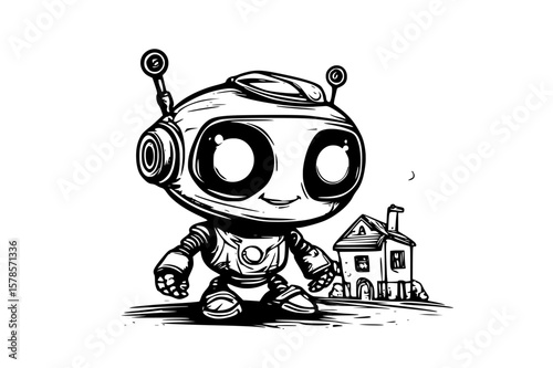 Adorable robot holding a house and a remote control - sticker for home security - robot guarded