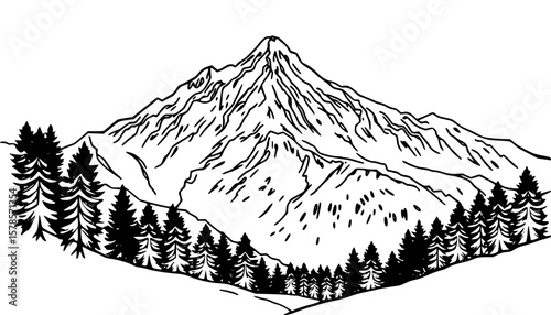 versatile nature sketch of Mountain landscape with trees and peaks