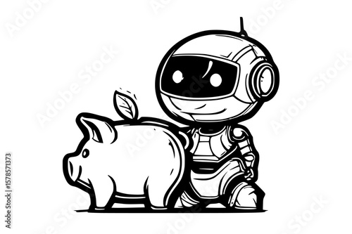 modern cartoon illustration of a cute robot sitting next to a piggy bank, with the robot smiling  finance and money saving concept
