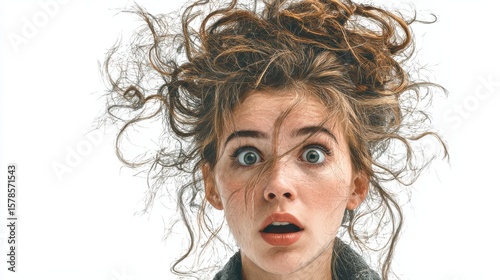 A woman with a messy hairdo and a surprised expression on her face. Concept of chaos and disarray, as if the woman's hair has been blown around by a strong gust of wind