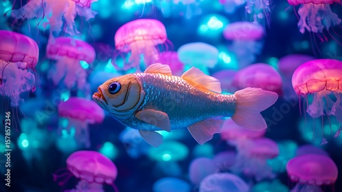 Stuffed fish surrounded by a rainbow of glowing plush jellyfish