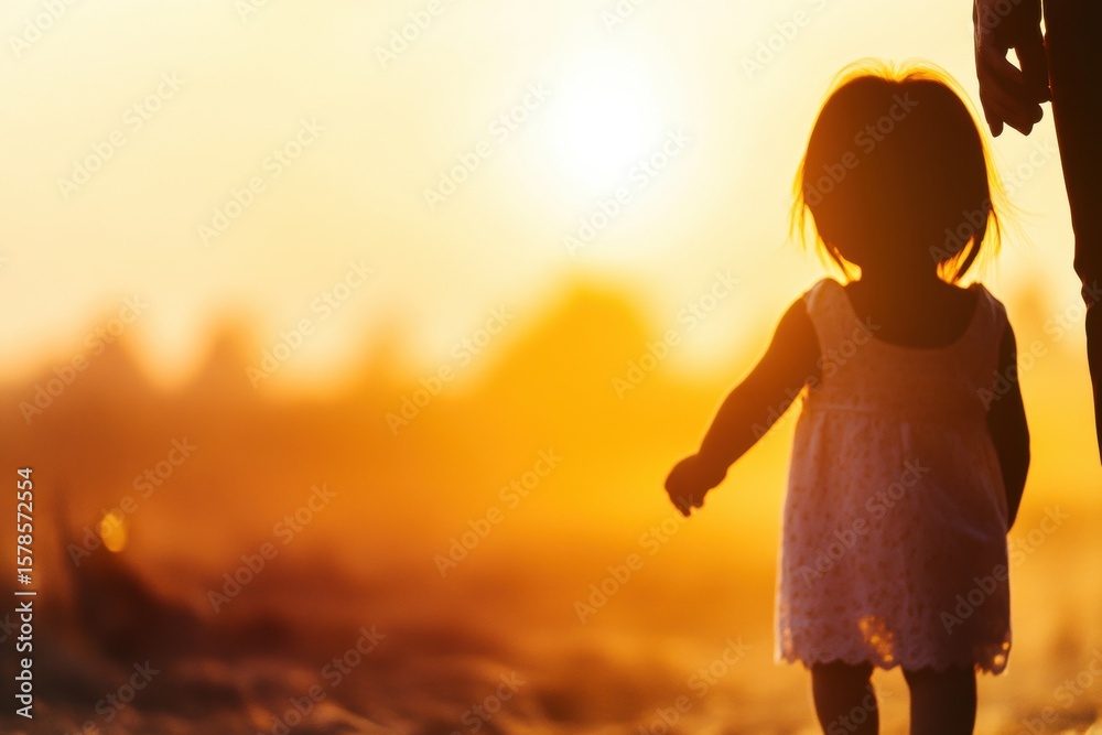 Fototapeta premium A Child's Golden Stroll: A silhouette of a child walking hand-in-hand with a parent or caregiver during a breathtaking sunset. The warm.