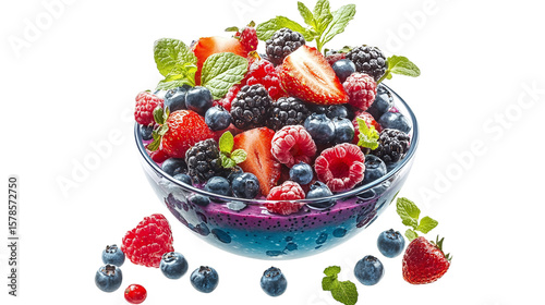 • A vibrant smoothie bowl topped with fresh fruits and nuts, isolated on white background in HD 