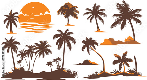 Tropical Palm Tree Silhouette Set with Sunset and Island Elements