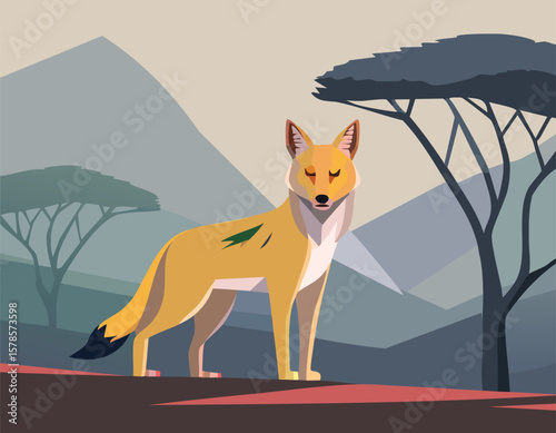 African golden wolf illustration with detailed fur and poised stance, perfect for environmental education.