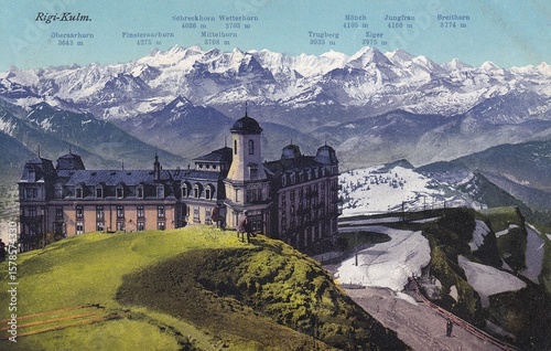 Alpenpanorama von Rigi-Kulm mit Hotel um 1910