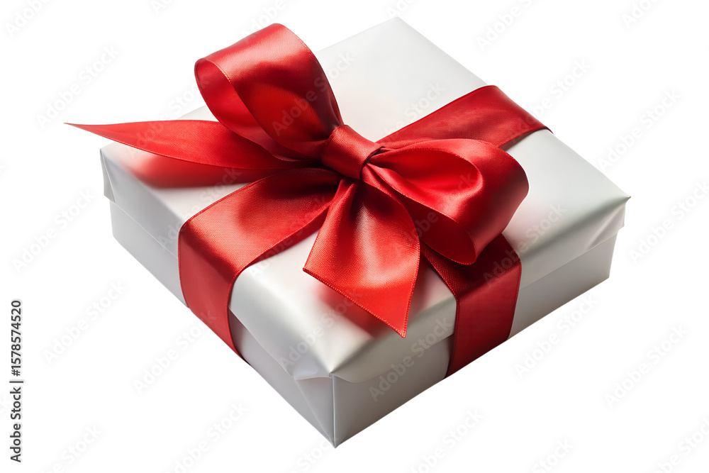 Fototapeta premium A white gift box with a vibrant red ribbon and bow, isolated on a transparent background