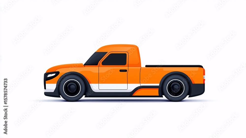 Orange pickup truck illustration, side view, isolated on white background. Orange pickup truck illustration, side view, isolated on white background.