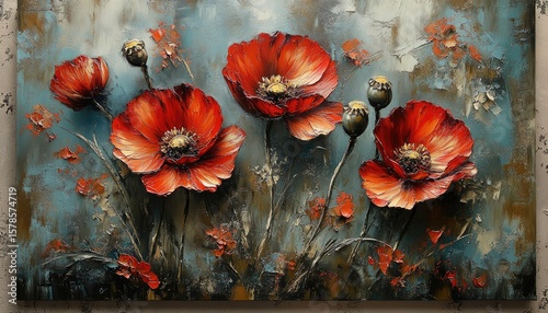 Impasto oil painting of red poppies, with blue & brown textured background. Use it for art prints, website backgrounds, or greeting cards design.