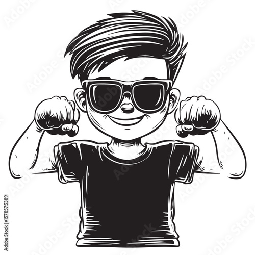 Confident little boy in sunglasses flexing arm muscles, fun and bold vector design