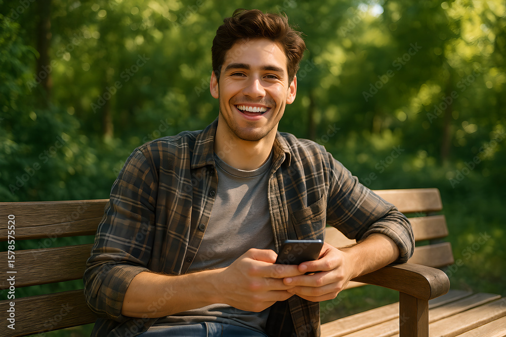 Obraz premium Smiling man holding a smartphone while sitting on a park bench with trees behind him