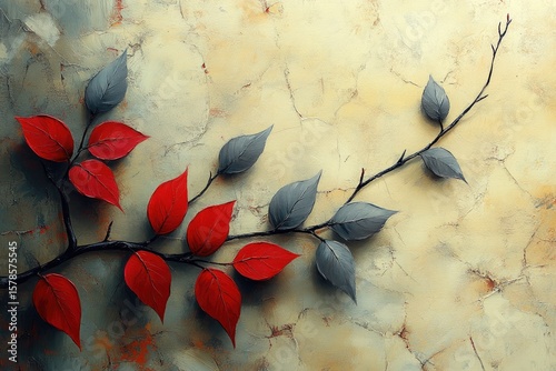 Painted branch with red and grey leaves on a textured beige background. Perfect for adding a touch of natural elegance to your creative project.