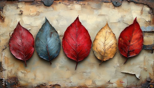 Five painted leaves lie against a textured, neutral-toned background. Great for autumn themes or artistic design project backgrounds.