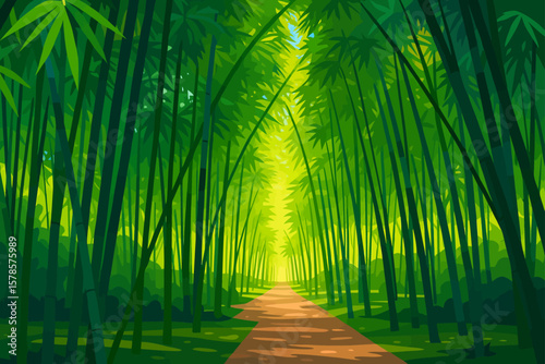 A serene bamboo forest pathway bathed in sunlight. Tall, slender bamboo stalks line both sides of the dirt path, curving slightly overhead to form a natural green tunnel. The sunlight filters through 