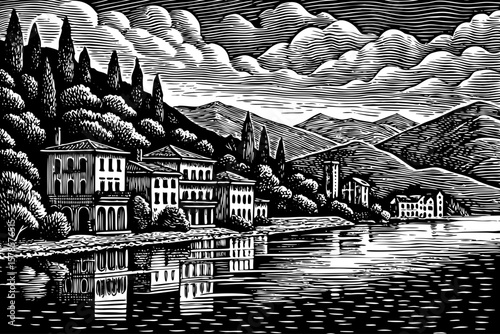 Lake Como in Italy, a romantic alpine lake surrounded by villas and mountains, beautifully rendered in black and white line art illustration ideal for travel branding and Italian landscape design