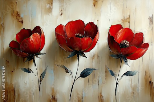 Three striking red flowers with leaves on a textured beige background. Perfect for adding beauty and color to your design project easily.