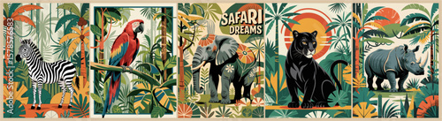 Set of Jungle retro posters with different exotic animals. Trendy vintage style wall art, card, print template in vivid bright colors. Vector flat illustrations