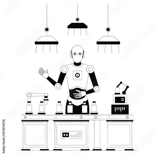AI robot managing a modern factory production line with mechanical arms and conveyor belts in black and white vector style