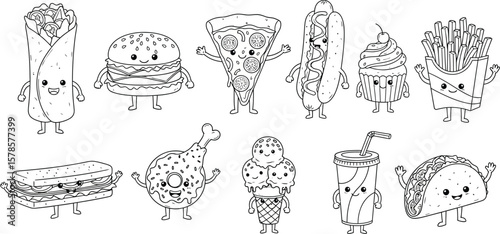 Cute fast food coloring page vector illustration for kids and adults with burger pizza and hotdog drawing