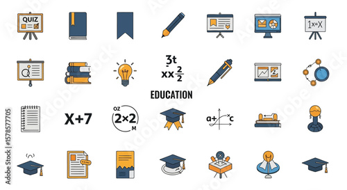 Collection of simple, colorful icons representing various aspects of education.