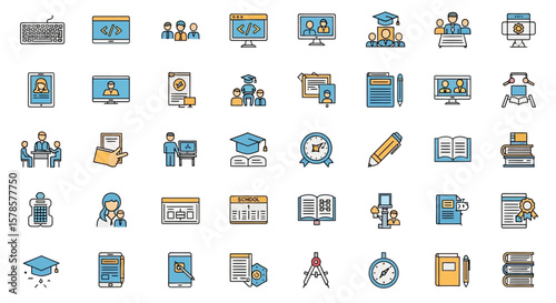 Collection of education and technology themed icons, including online learning, graduation, coding, teamwork, and academic achievement symbols.