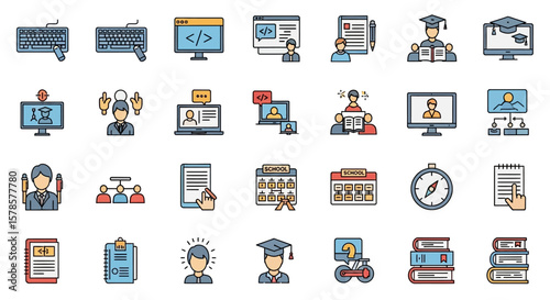 A collection of colorful, outlined icons representing various aspects of online education and technology.