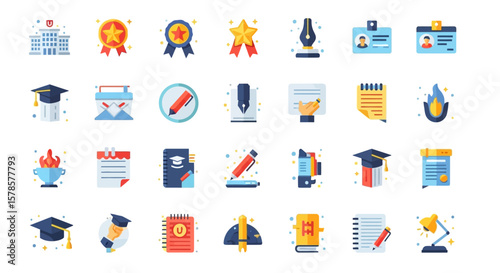 Collection of various educational and achievement icons, representing knowledge and success, arranged in rows.