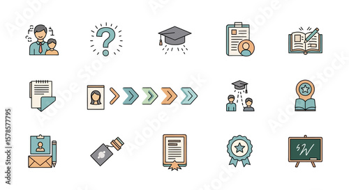 Set of education and career icons including graduation cap, resume, question mark, and progress arrows.