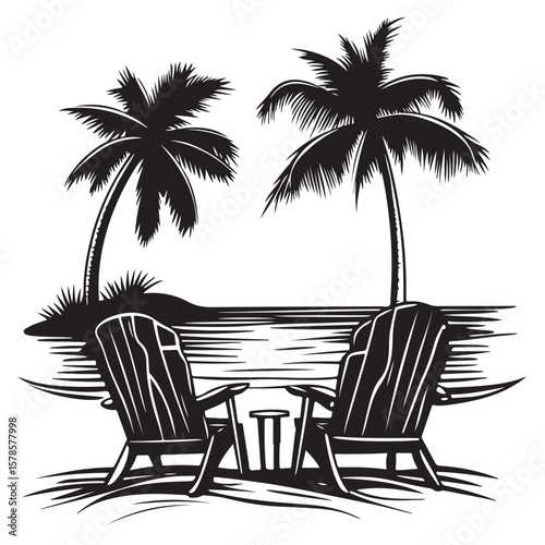 Tropical beach chairs Black and White Stock image vector on transparent background.