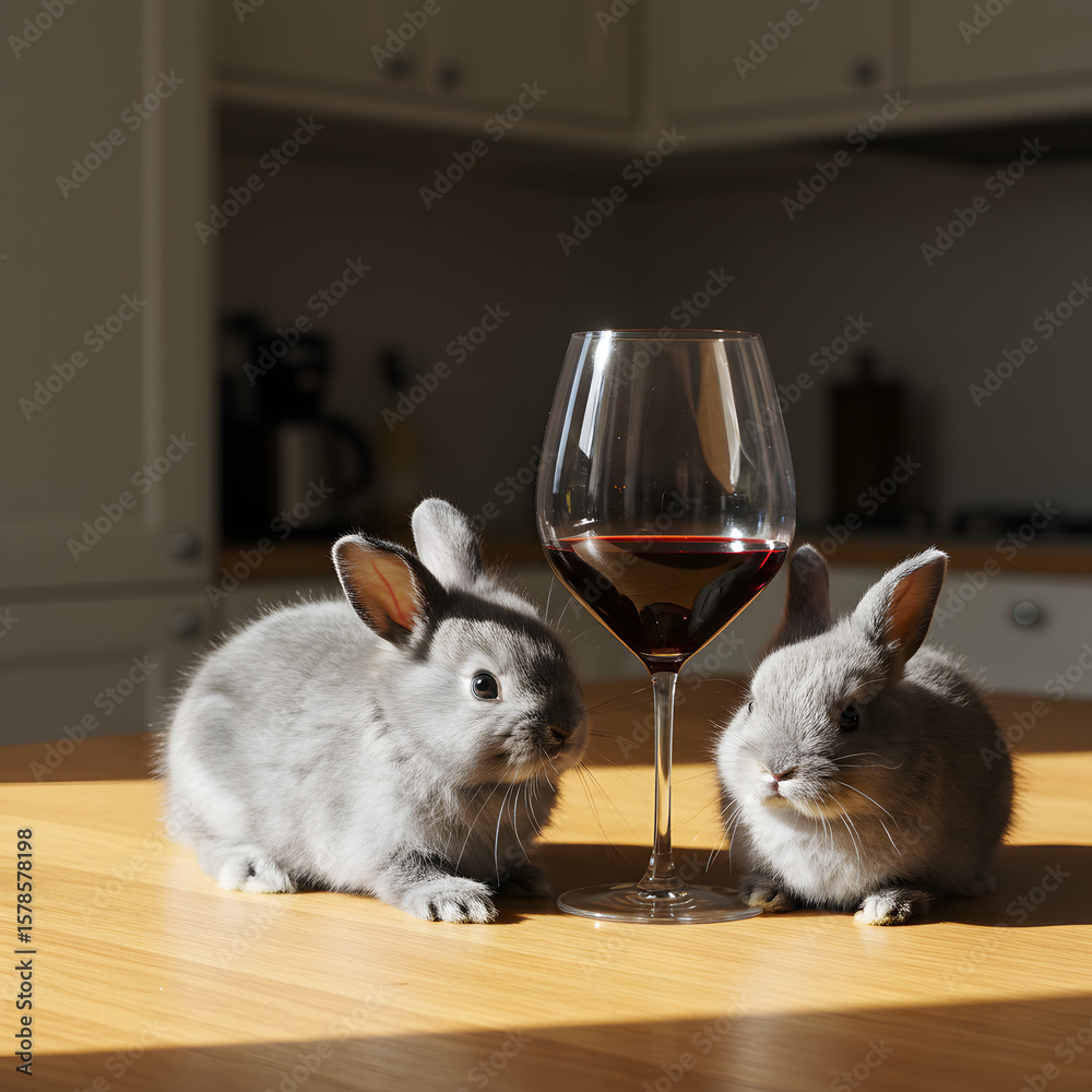 Obraz premium Two fluffy grey bunnies sit near a glass of red wine on a wooden table in a kitchen.