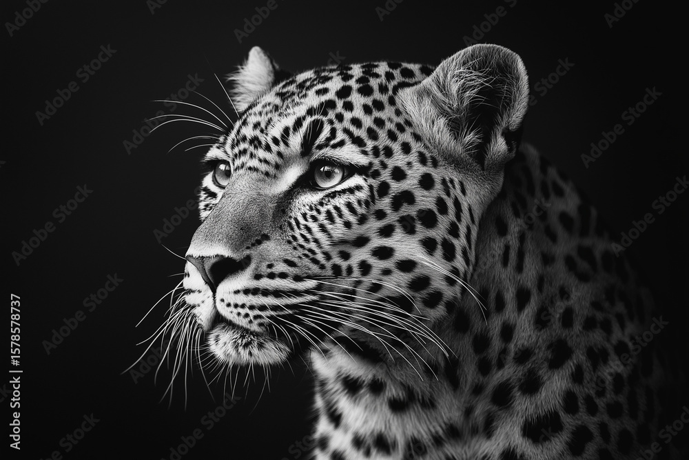 Obraz premium Leopard Front-Facing Close-Up in Dramatic Black and White with Intense Symmetrical Gaze