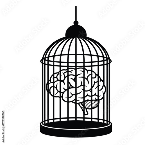 Brain inside cage controlled by algorithm symbolizing restricted AI and data control in black and white vector illustration